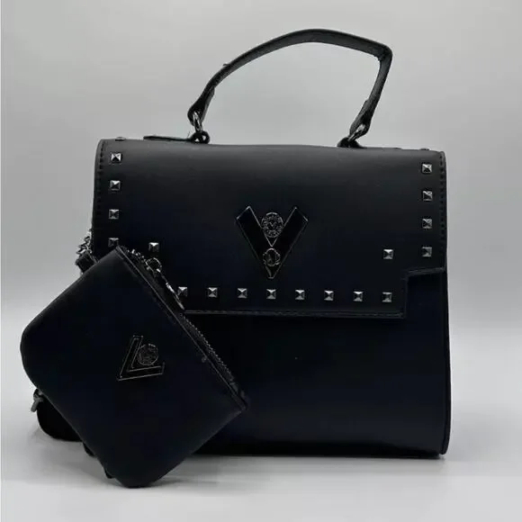 NEW ORLANDI VALENTINO Black Gunmetal Silver Stud Studded Crossbody Bag Purse - Picture 4 of 15